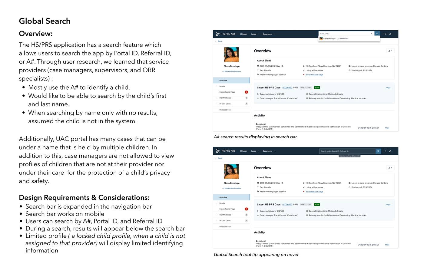 Global Search overview — research findings showing users mostly identify children by A#, and search design requirements including expanded nav bar, mobile support, and limited child profile view