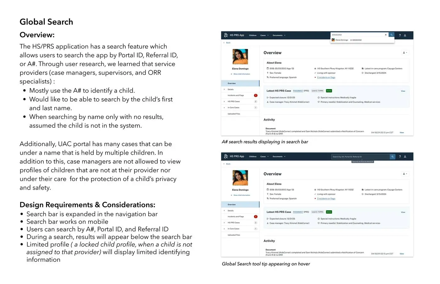 Global Search overview — research findings showing users mostly identify children by A#, and search design requirements including expanded nav bar, mobile support, and limited child profile view