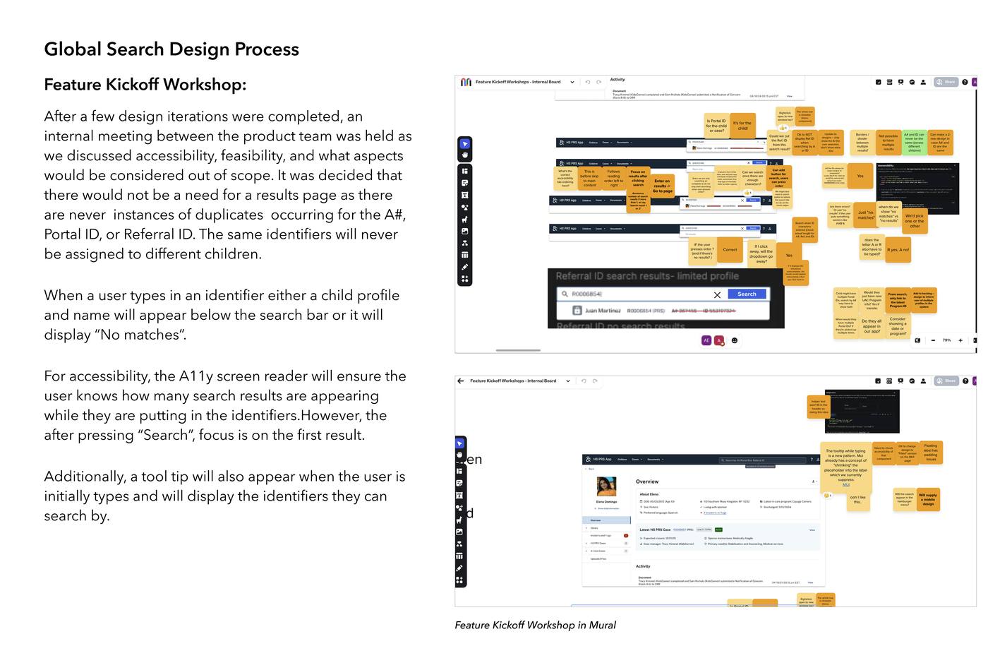 Global Search design process — Feature Kickoff Workshop in Mural, showing iterations and team discussion around search result display, accessibility, and no-results states