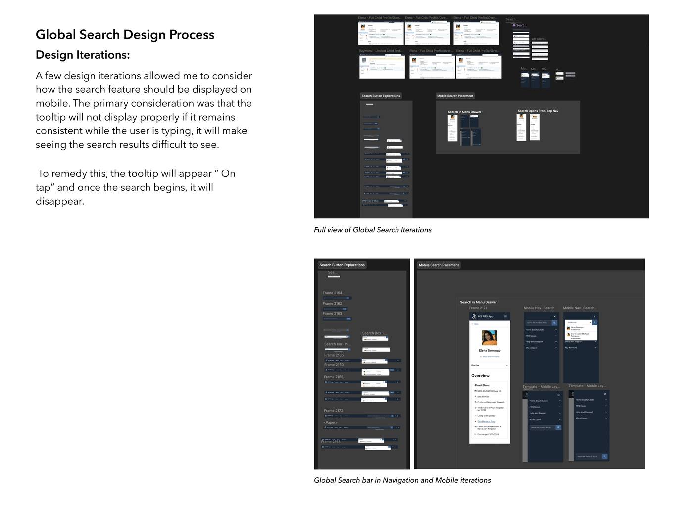 Global Search design iterations — search button explorations and mobile search placement options including menu drawer and nav bar