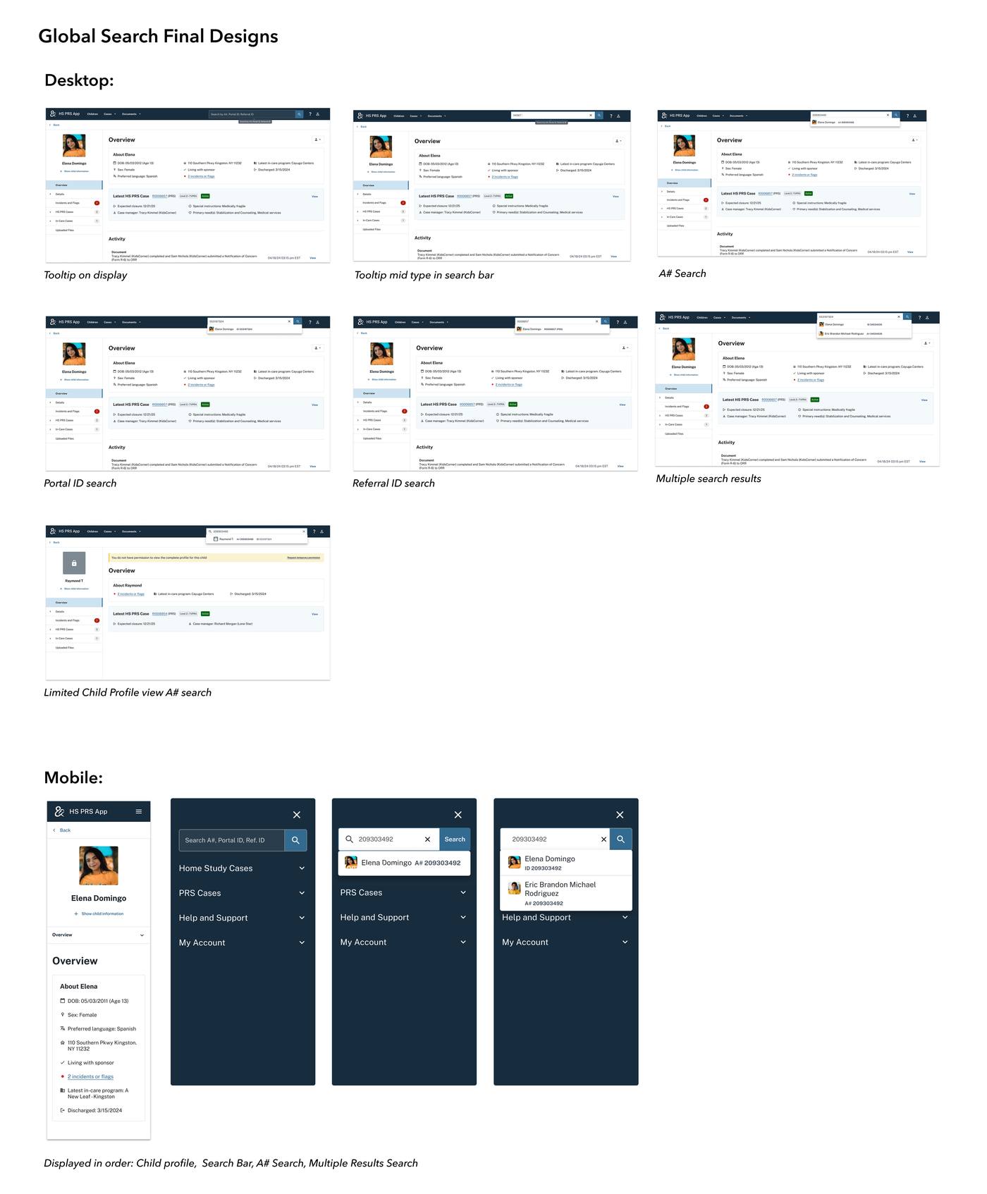 Global Search final designs — desktop screens showing tooltip on display, mid-type search, A# search, Portal ID search, Referral ID search, multiple results, and limited child profile view; mobile screens showing child profile, search bar, A# search, and multiple results
