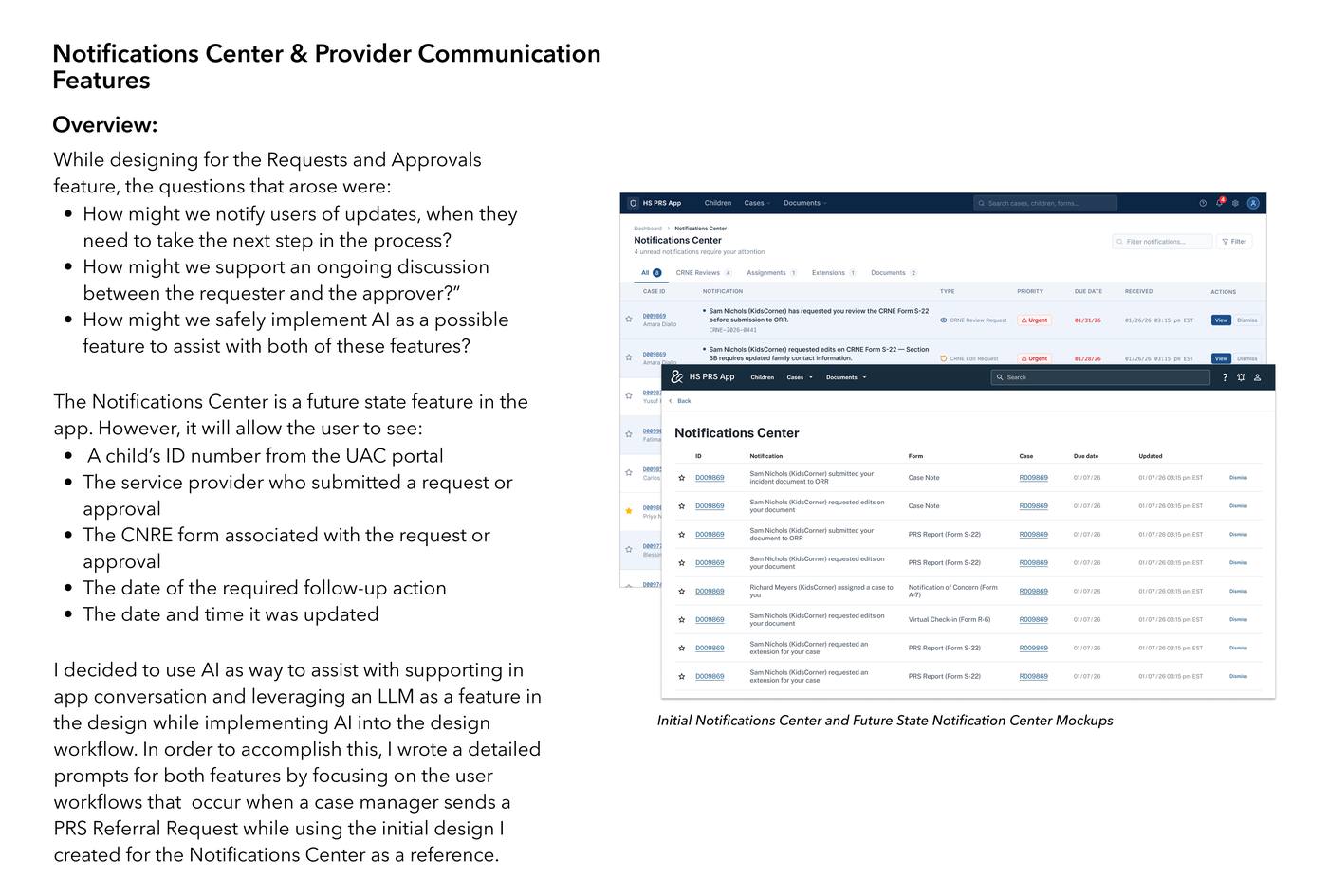 Notifications Center and Provider Communication features — overview of questions that drove the design, initial and future-state Notification Center mockups with CNRE review requests and urgency indicators