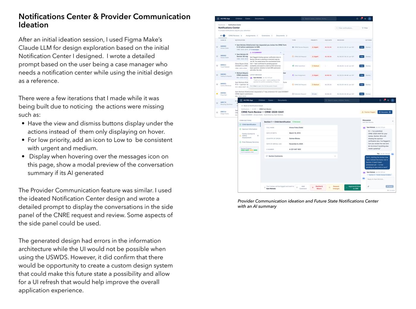 Notifications Center and Provider Communication ideation — AI-assisted future state with conversation summaries in the Notification Center, and Provider Communication side panel in the CNRE form review