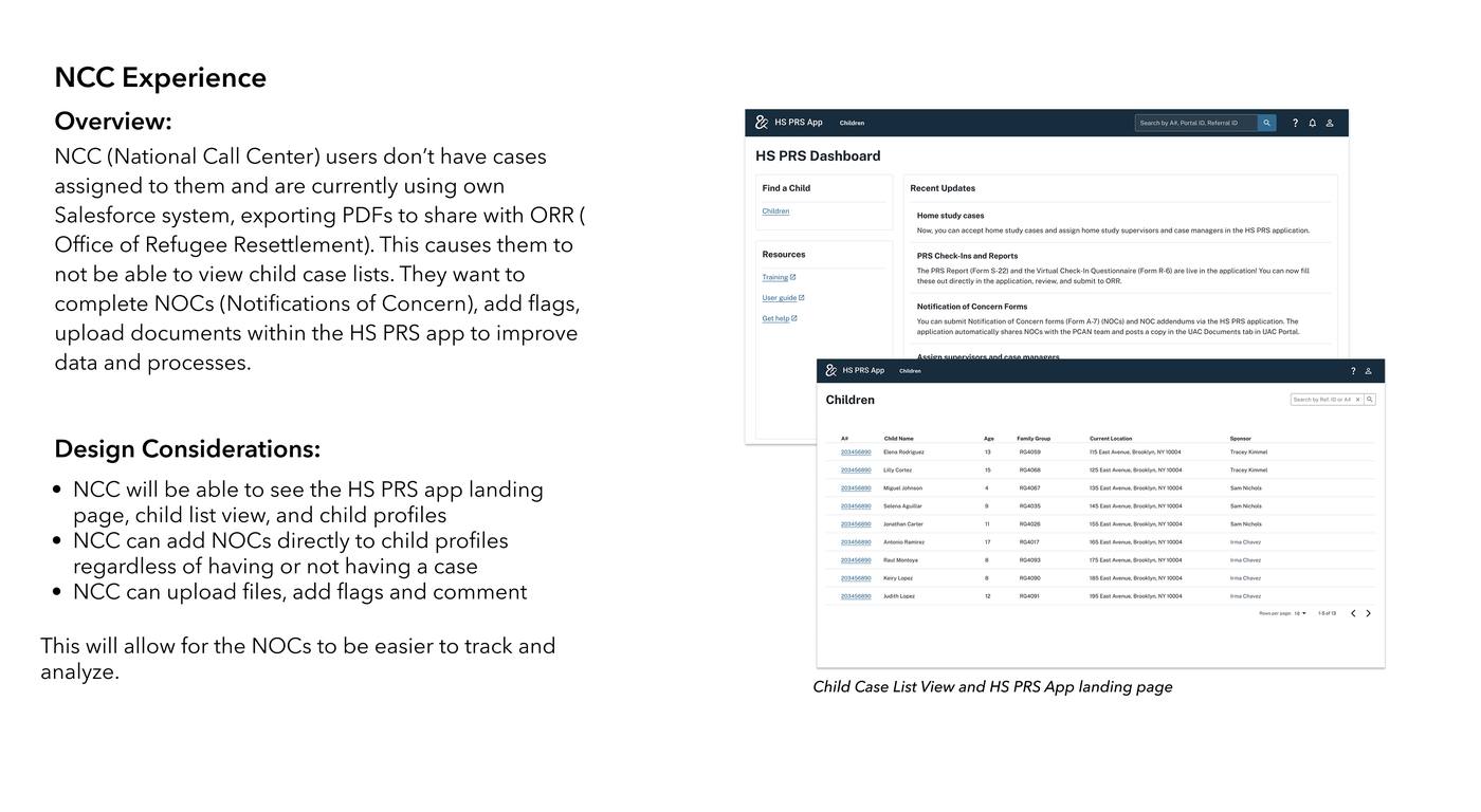 NCC Experience overview — design considerations for National Call Center users, including HS PRS app landing page and child case list view