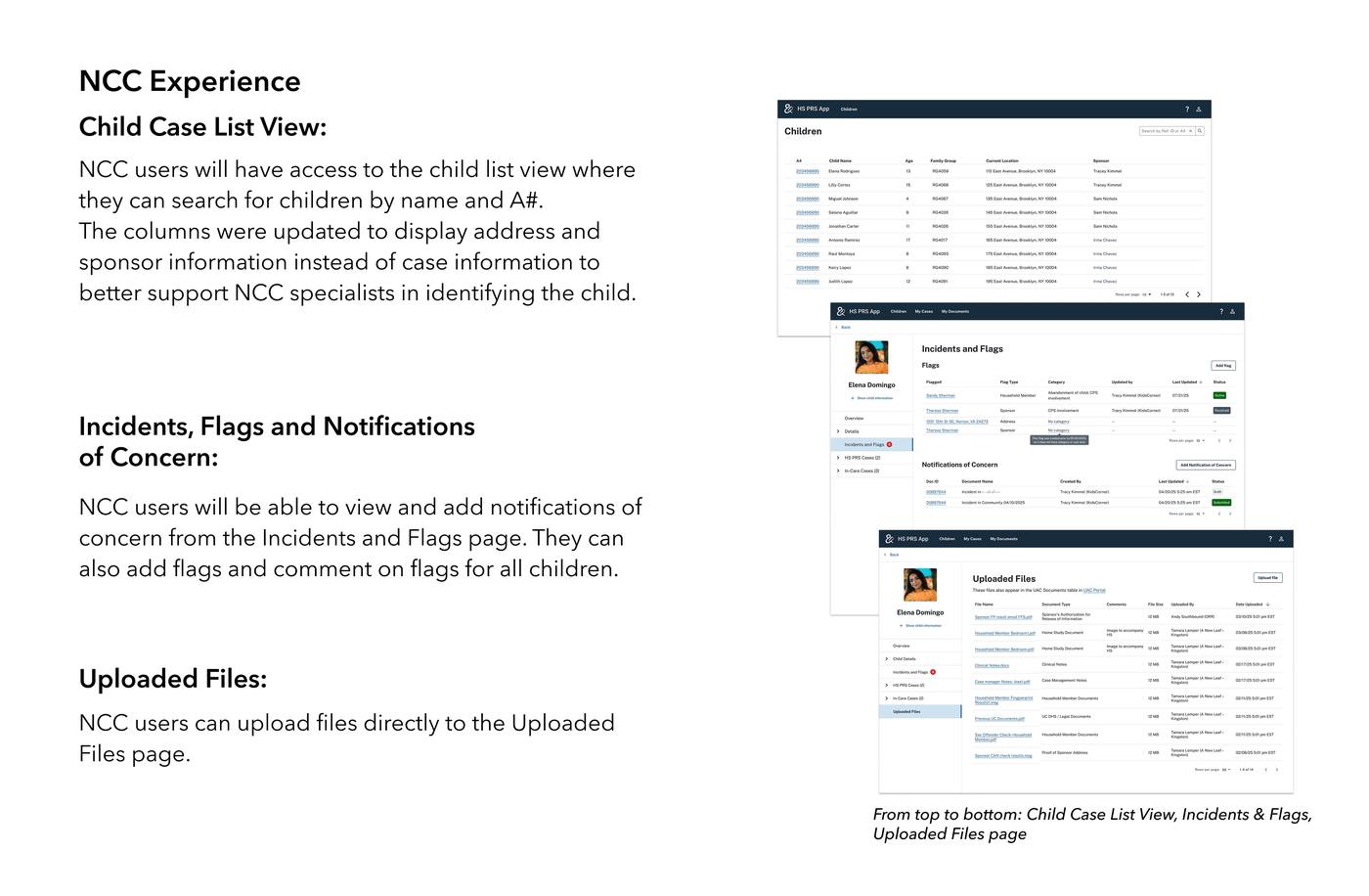 NCC Experience — child case list view with A# and address columns, Incidents and Flags page with notifications of concern, and Uploaded Files page