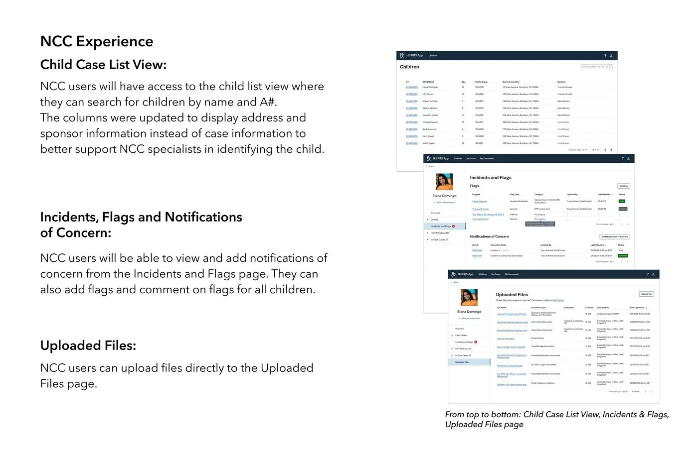 NCC Experience — child case list view with A# and address columns, Incidents and Flags page with notifications of concern, and Uploaded Files page