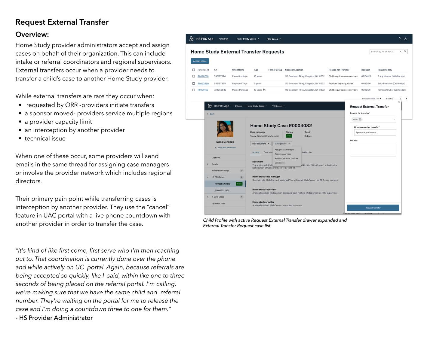 Request External Transfer overview — problem statement with user research quote, Home Study External Transfer Requests list, and child profile with expanded Request External Transfer drawer
