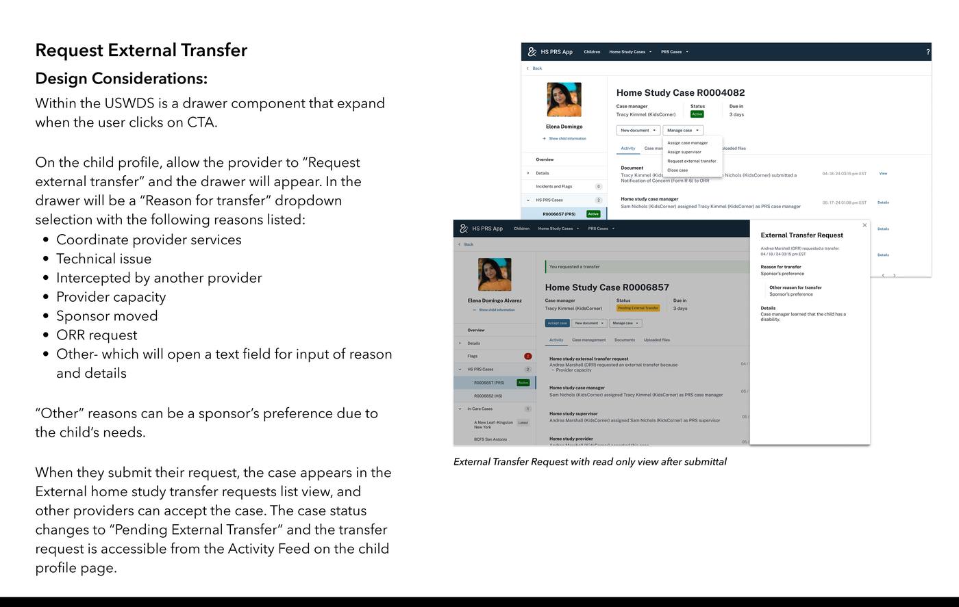 Request External Transfer design considerations — drawer with reason-for-transfer dropdown, and read-only view of the External Transfer Request after submittal with case status changed to Pending External Transfer