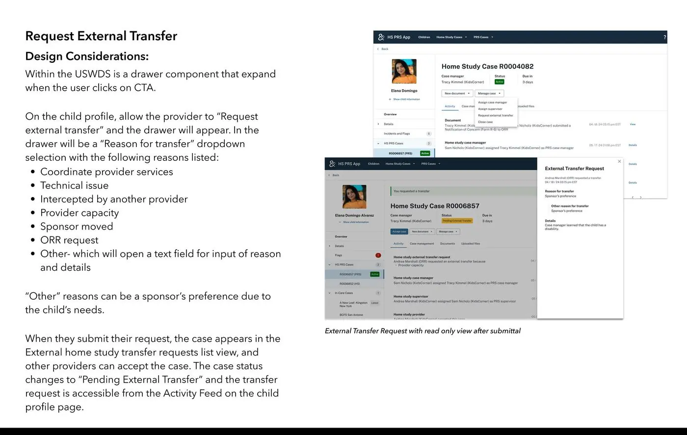 Request External Transfer design considerations — drawer with reason-for-transfer dropdown, and read-only view of the External Transfer Request after submittal with case status changed to Pending External Transfer