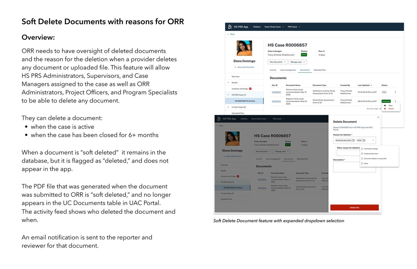 Soft Delete Documents with reasons for ORR — overview of deletion rules, Documents tab showing the delete action, and Delete Document modal with reason-for-deletion dropdown and description field