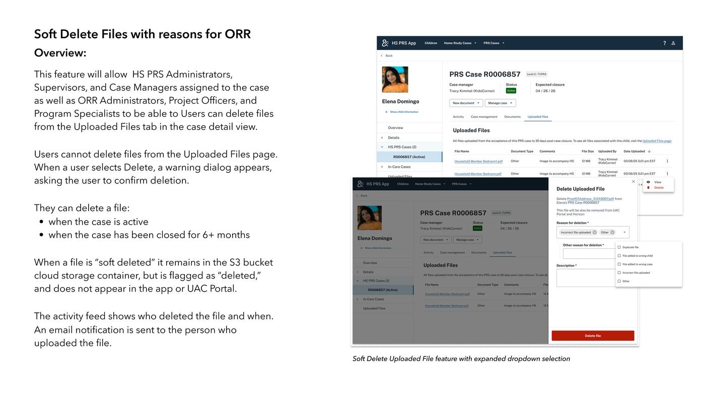 Soft Delete Files with reasons for ORR — Uploaded Files tab with delete action and Delete Uploaded File modal with reason-for-deletion dropdown, description field, and warning that the file will be removed from UAC Portal and Horizon