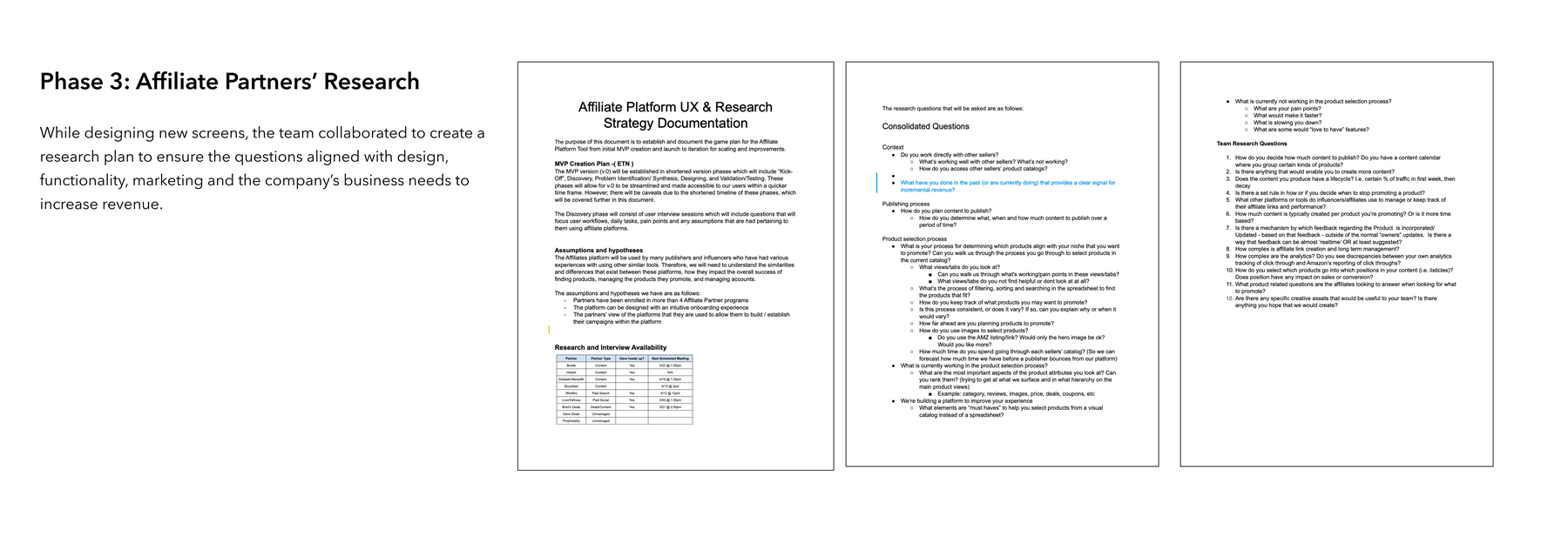 Phase 3: Affiliate Partners' research planning and synthesis — UX and research strategy documentation and interview questions
