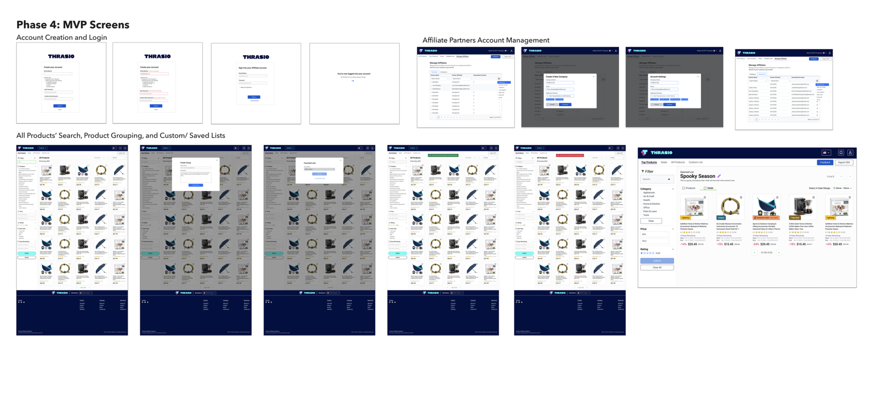Phase 4: MVP screens — account creation and login, affiliate account management, product search, grouping, and custom/saved lists