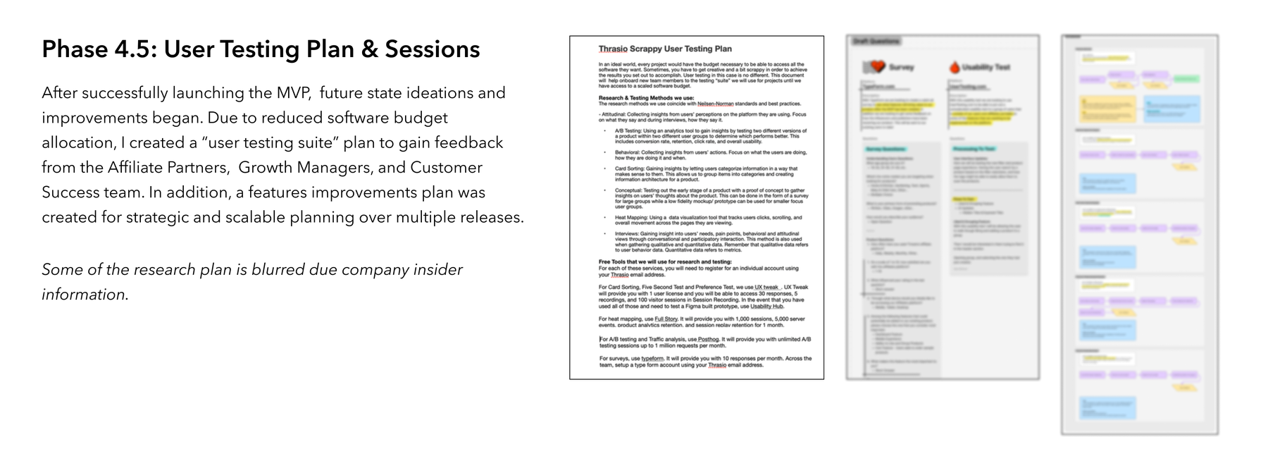 Phase 4.5: User testing plan and sessions — a scrappy, free-tool testing suite and session flows (some detail blurred)