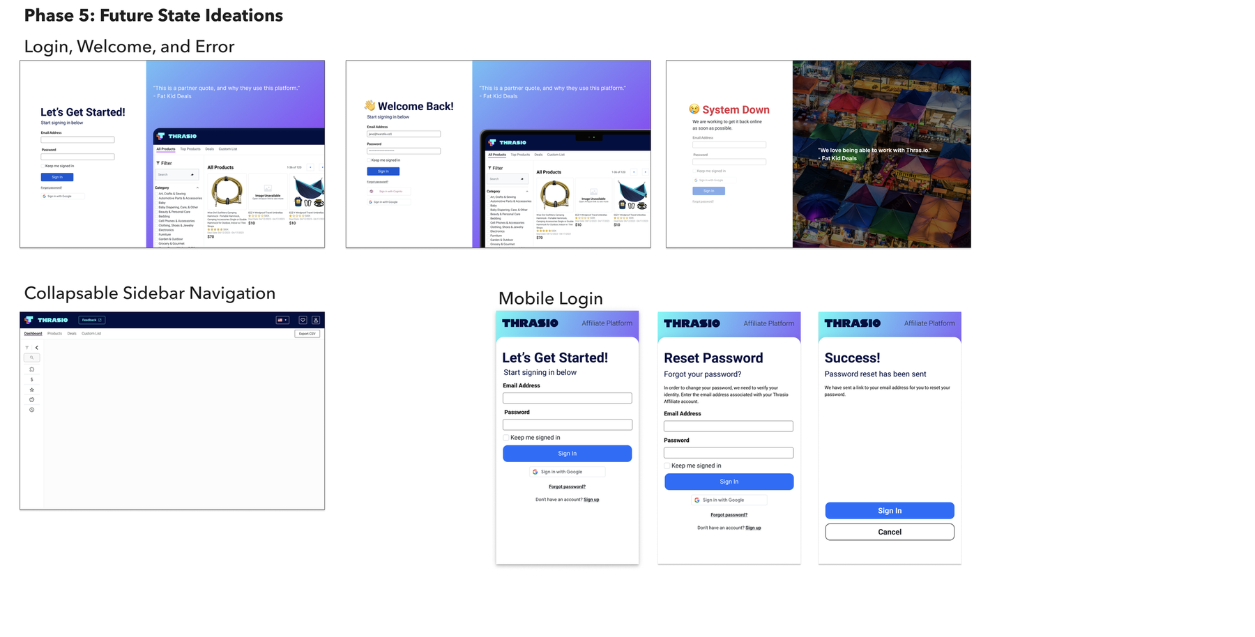 Phase 5: Future-state ideations — login, welcome, and error states, collapsible sidebar navigation, and mobile login
