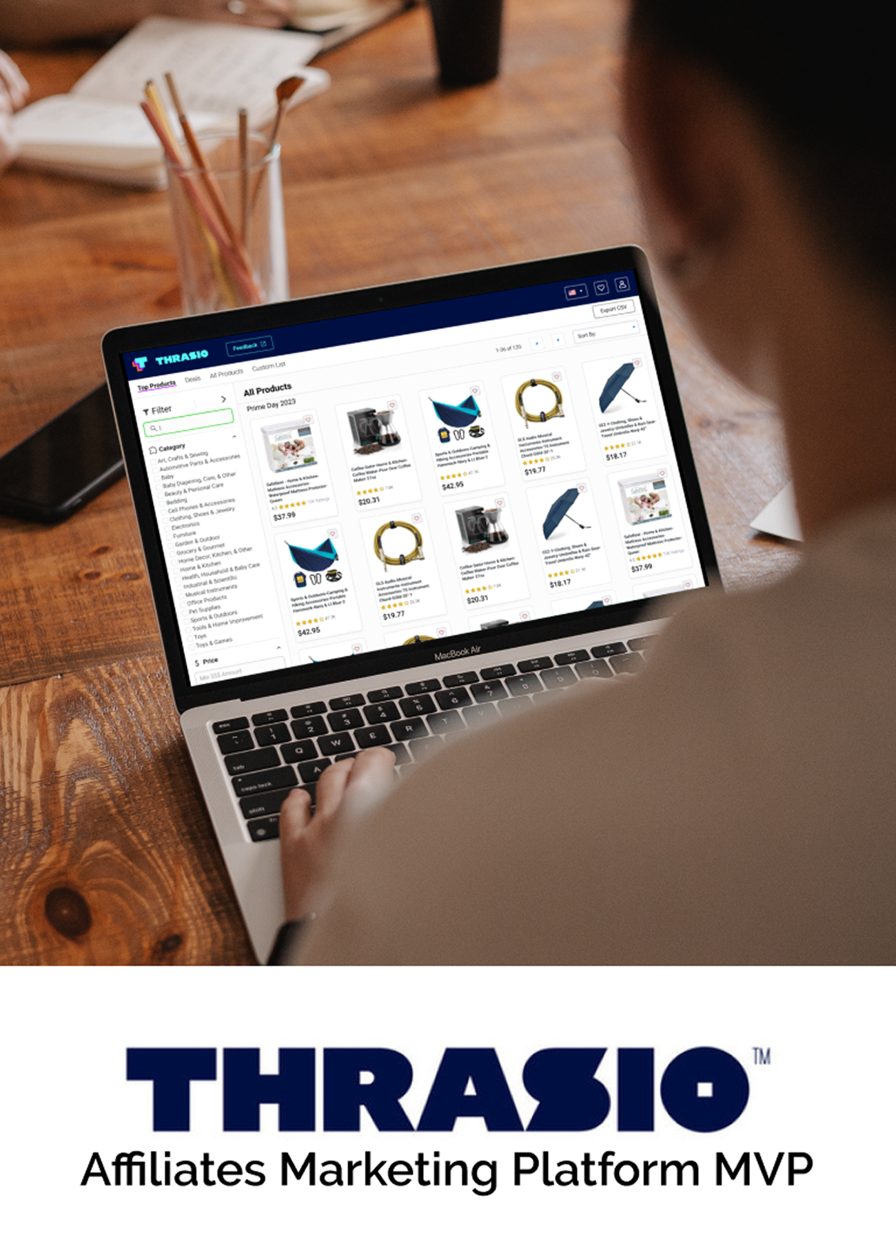 Thrasio Affiliates Marketing Platform MVP shown on a laptop, with the Thrasio logo