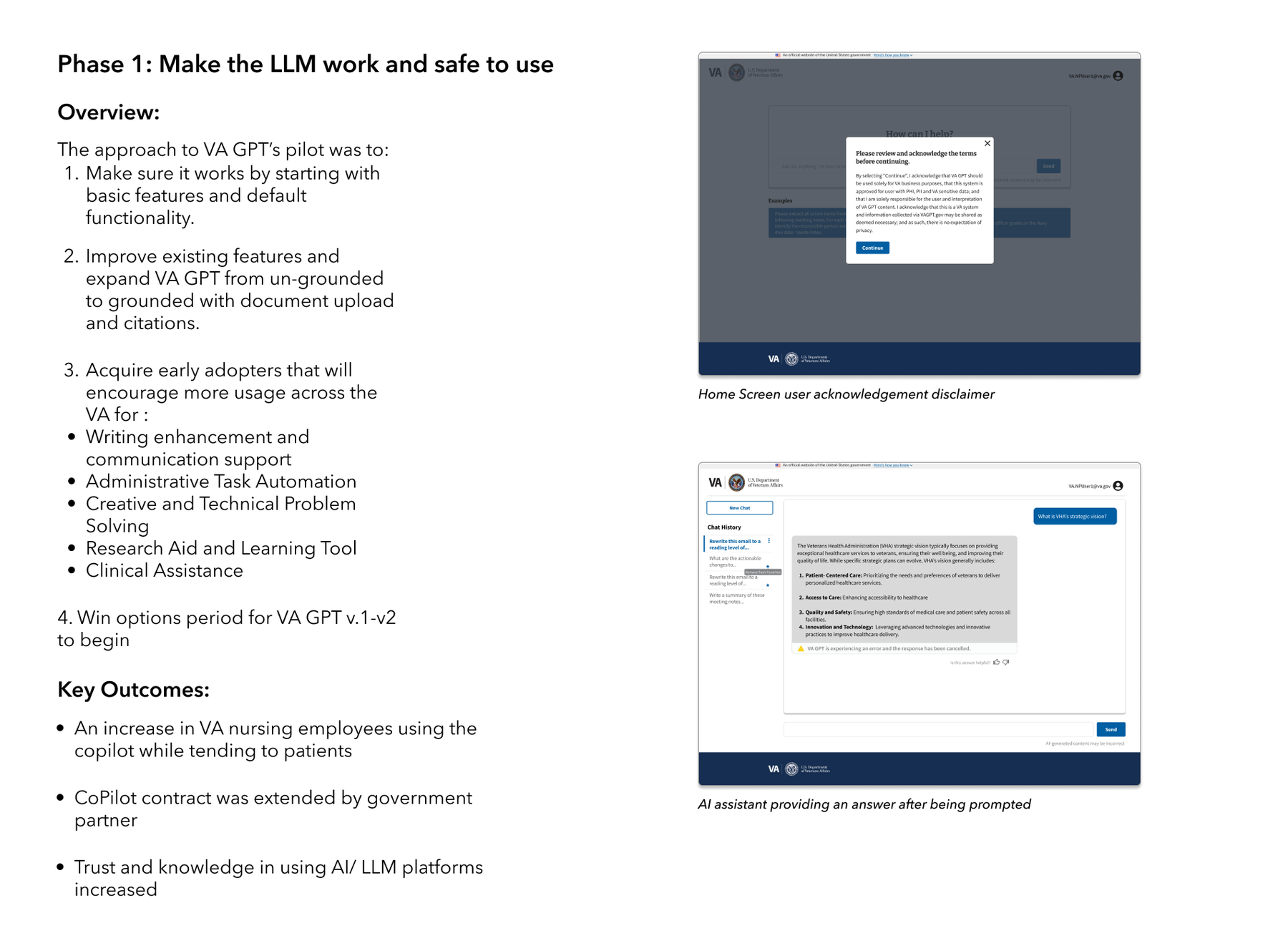 Phase 1: making the LLM work and safe to use — pilot approach and key outcomes, with screens of the home-screen acknowledgement disclaimer and the assistant answering a prompt