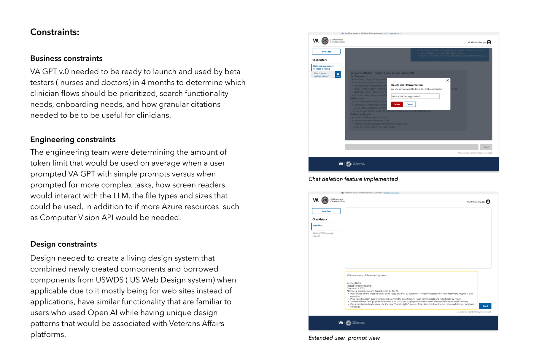 Business, engineering, and design constraints, alongside screens of the chat deletion feature and the extended user prompt view