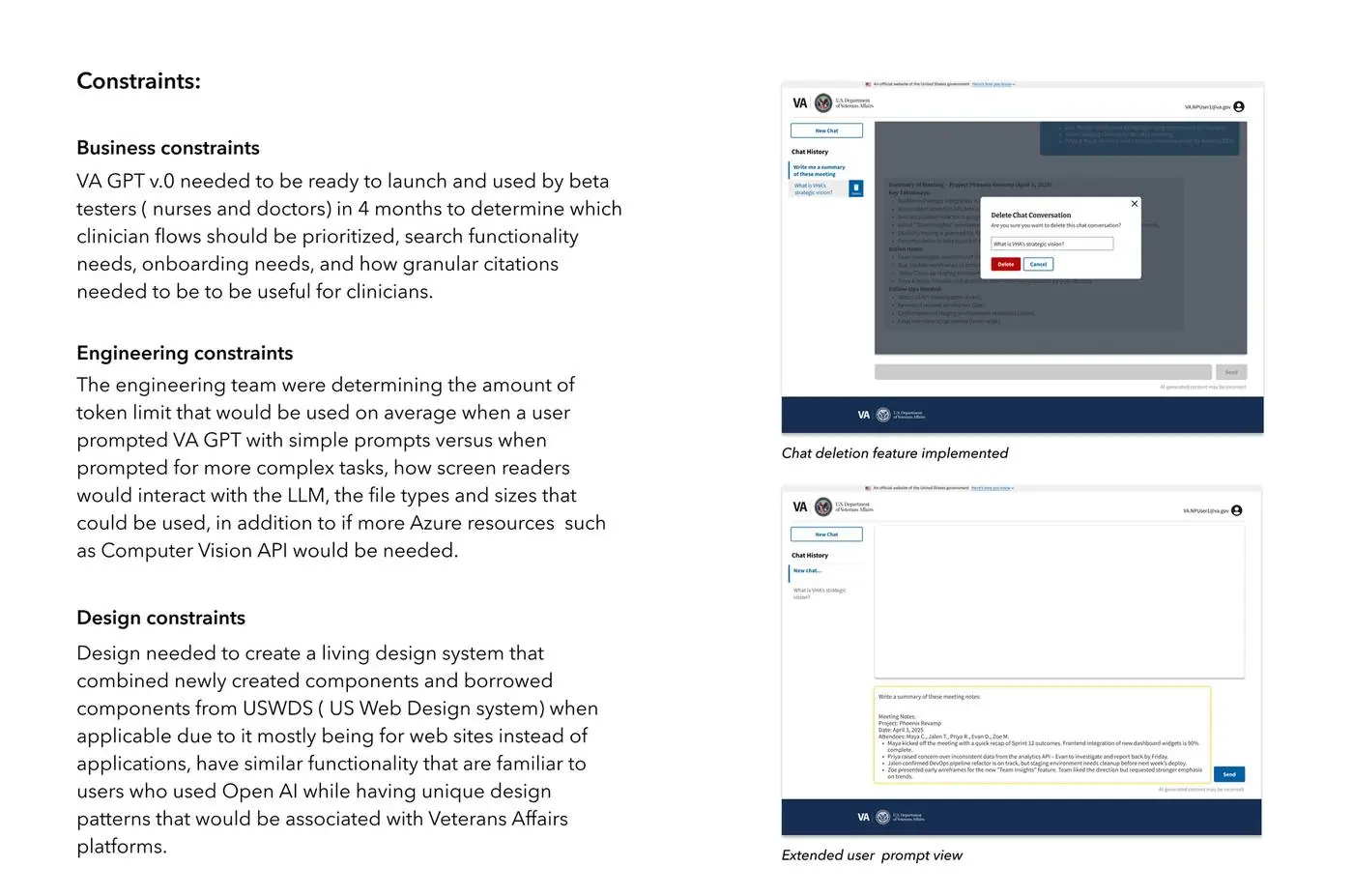 Business, engineering, and design constraints, alongside screens of the chat deletion feature and the extended user prompt view