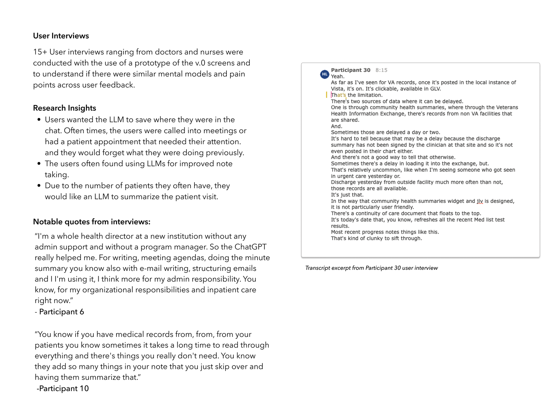 User interviews with 15+ doctors and nurses — research insights, participant quotes, and a transcript excerpt from a user interview