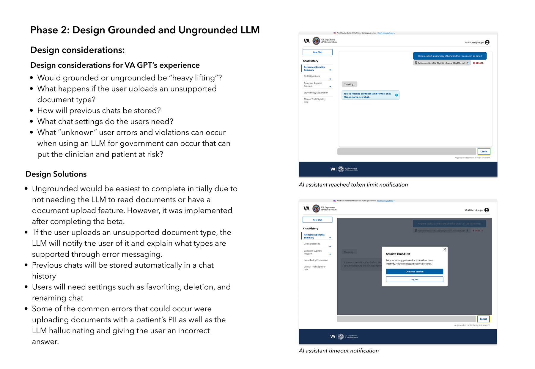 Phase 2: designing grounded and ungrounded LLM experiences — design considerations and solutions, with token-limit and session-timeout notification screens