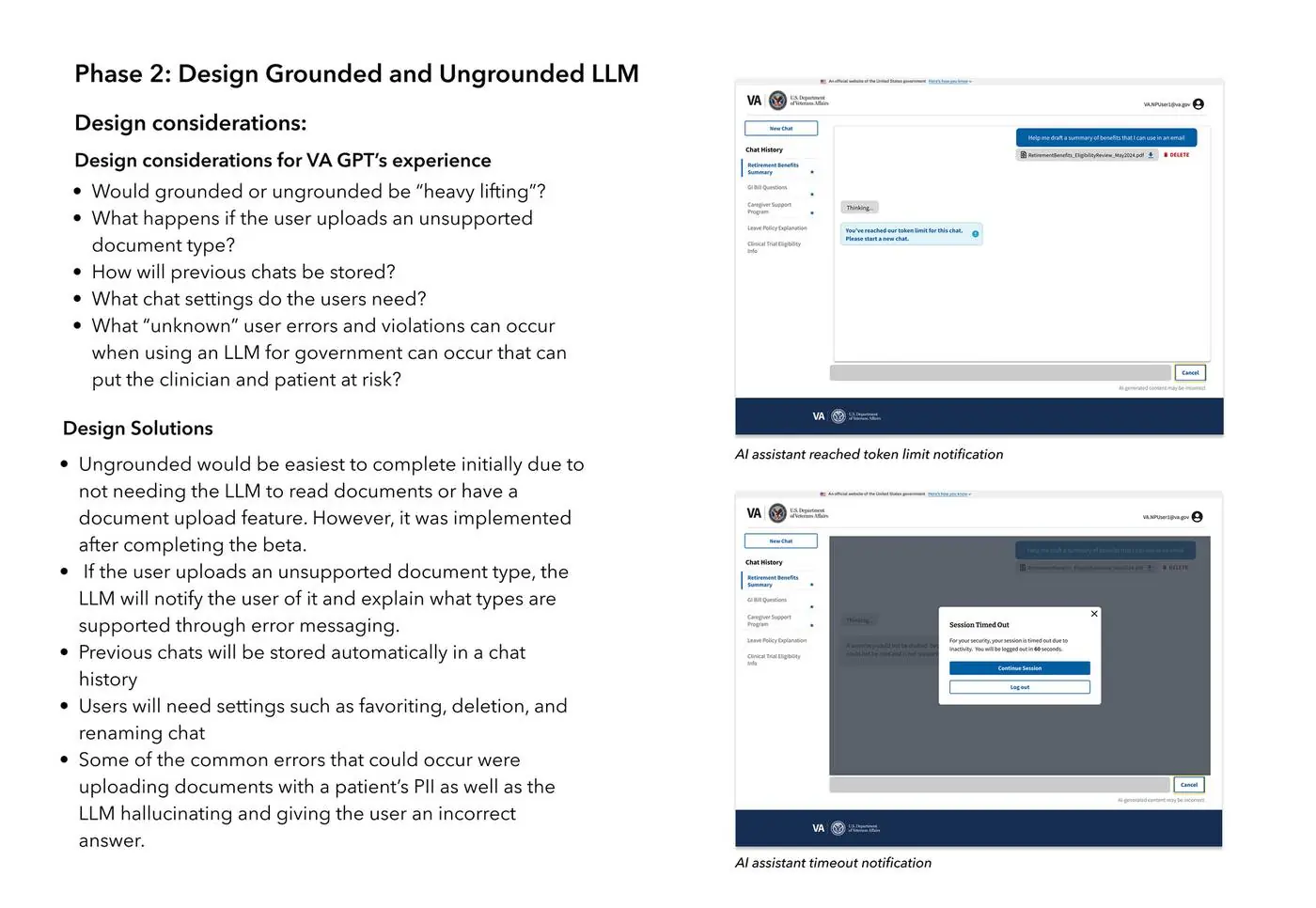 Phase 2: designing grounded and ungrounded LLM experiences — design considerations and solutions, with token-limit and session-timeout notification screens