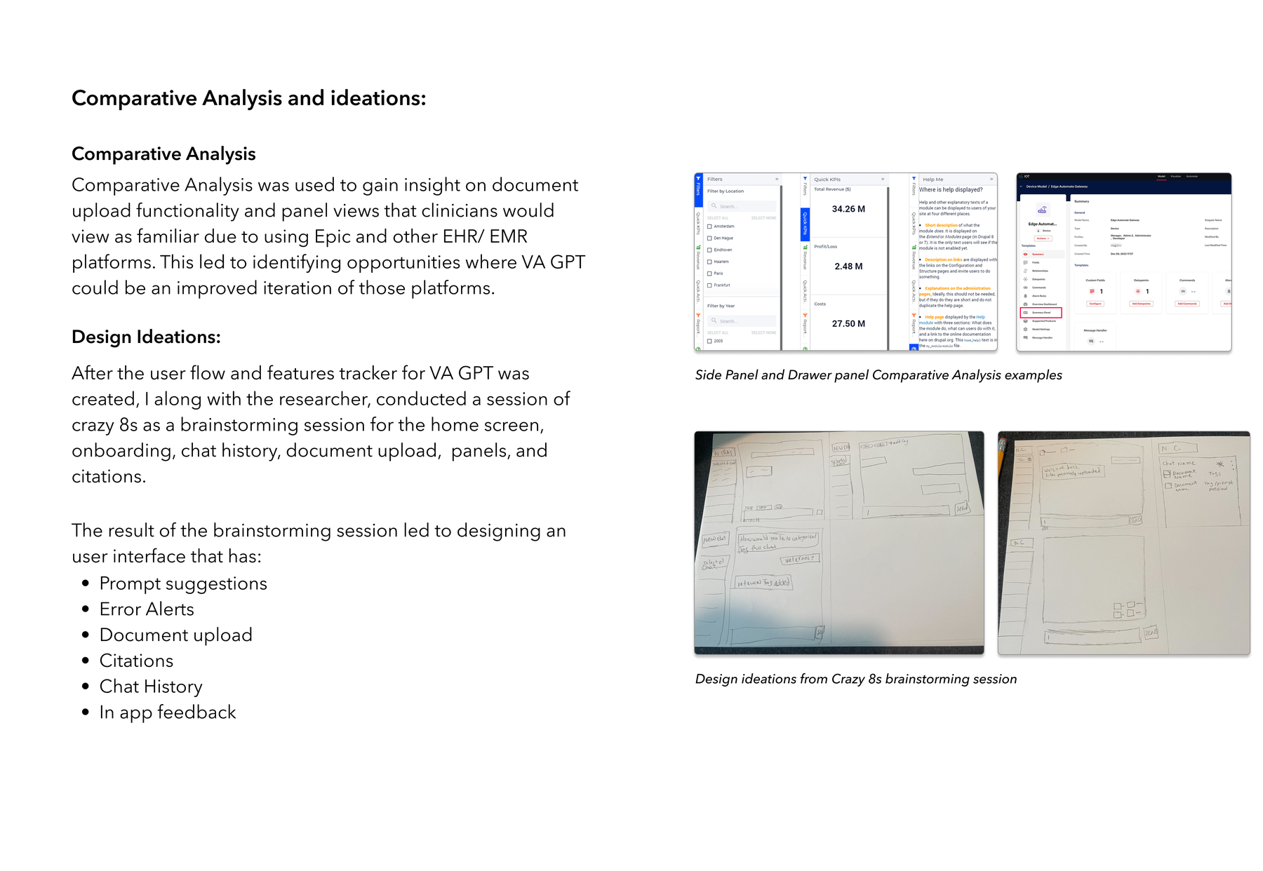 Comparative analysis of side and drawer panel patterns from EHR platforms, plus design ideations sketched during a Crazy 8s brainstorming session