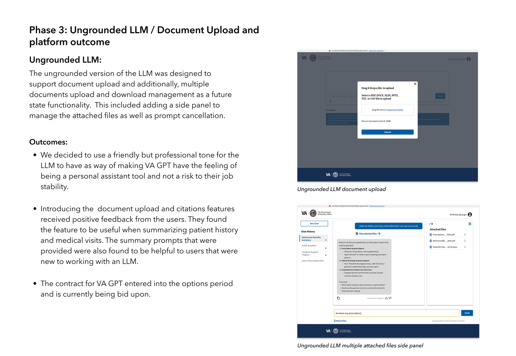 Phase 3: ungrounded LLM document upload and platform outcomes, with the drag-and-drop upload dialog and the multiple attached files side panel