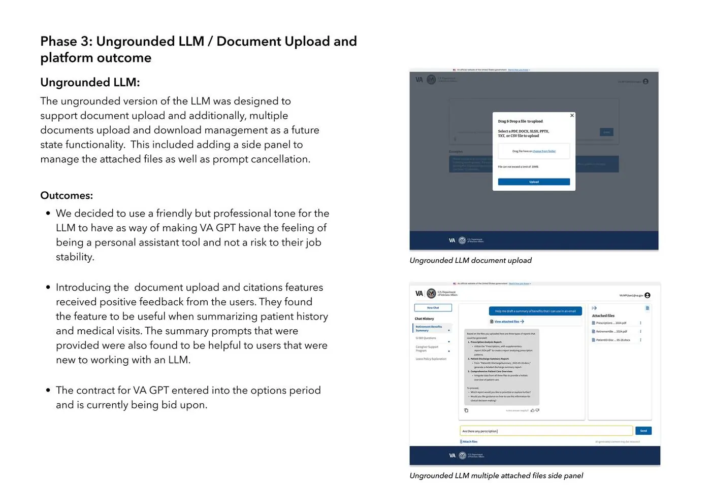 Phase 3: ungrounded LLM document upload and platform outcomes, with the drag-and-drop upload dialog and the multiple attached files side panel
