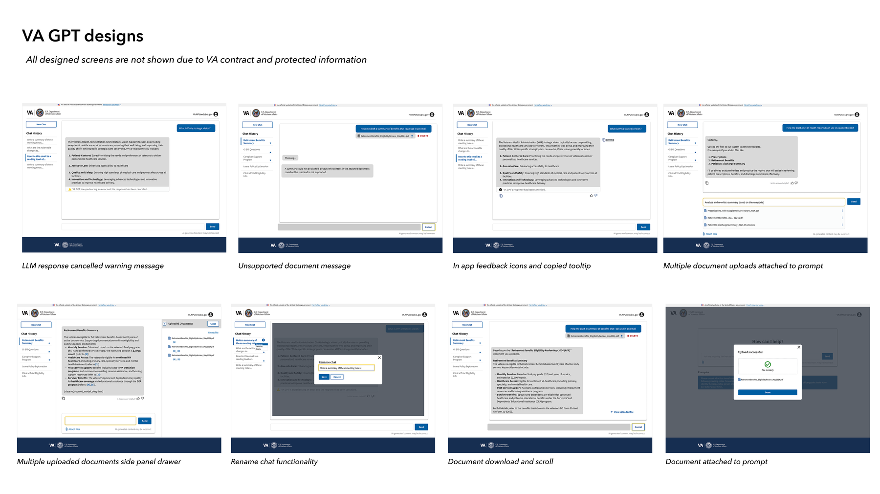 Final VA GPT screens — cancelled response warning, unsupported document message, in-app feedback, multiple document uploads, side panel drawer, rename chat, document download, and upload confirmation