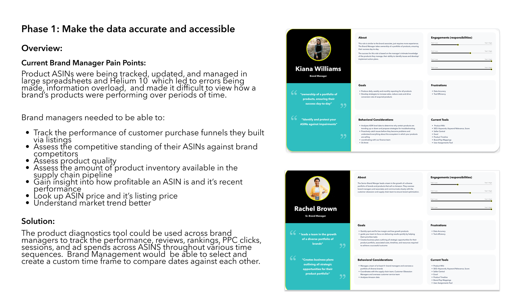Phase 1: Make the data accurate and accessible — Brand Manager pain points, solution, and personas (Kiana Williams, Rachel Brown)