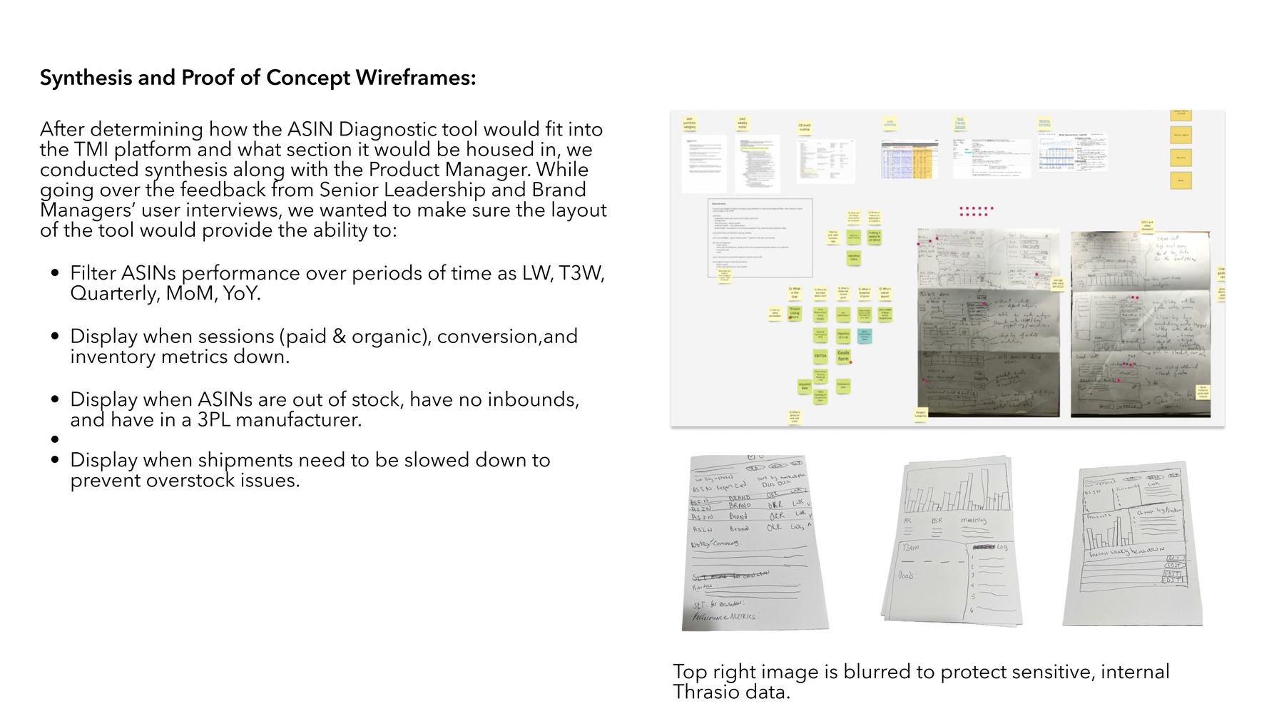 Synthesis and proof-of-concept wireframes, including affinity mapping and hand-drawn layout sketches