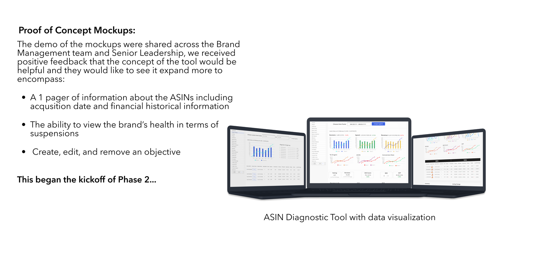 Proof-of-concept mockups of the ASIN Diagnostic Tool with data visualization across three laptops