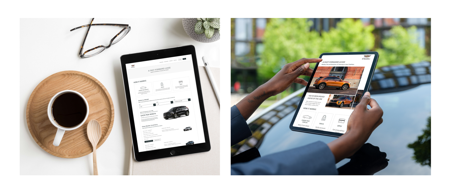 GM Financial renewal experience shown on an iPad on a desk and held in hand — the Fast-Forward Lease flow