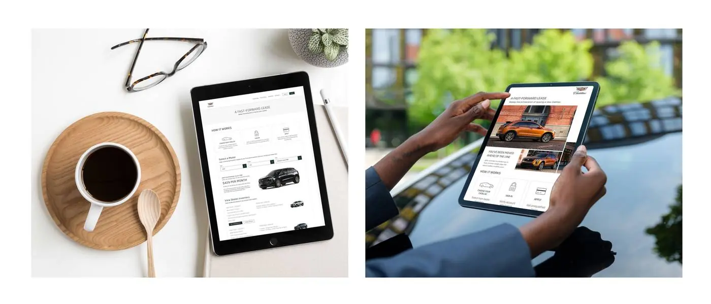 GM Financial renewal experience shown on an iPad on a desk and held in hand — the Fast-Forward Lease flow