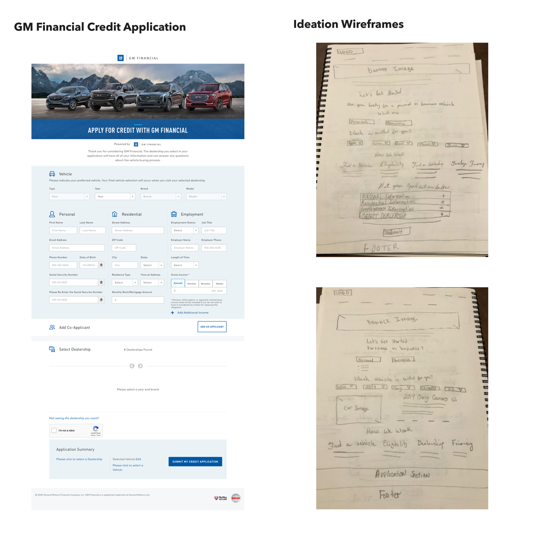 GM Financial credit application final design and the ideation wireframe sketches behind it
