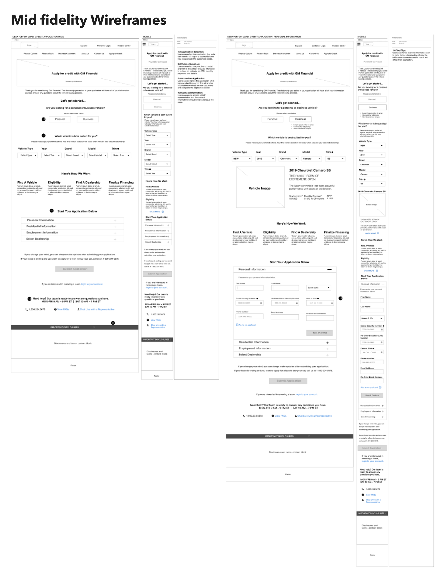 Mid-fidelity wireframes of the credit application and personal information screens, desktop and mobile