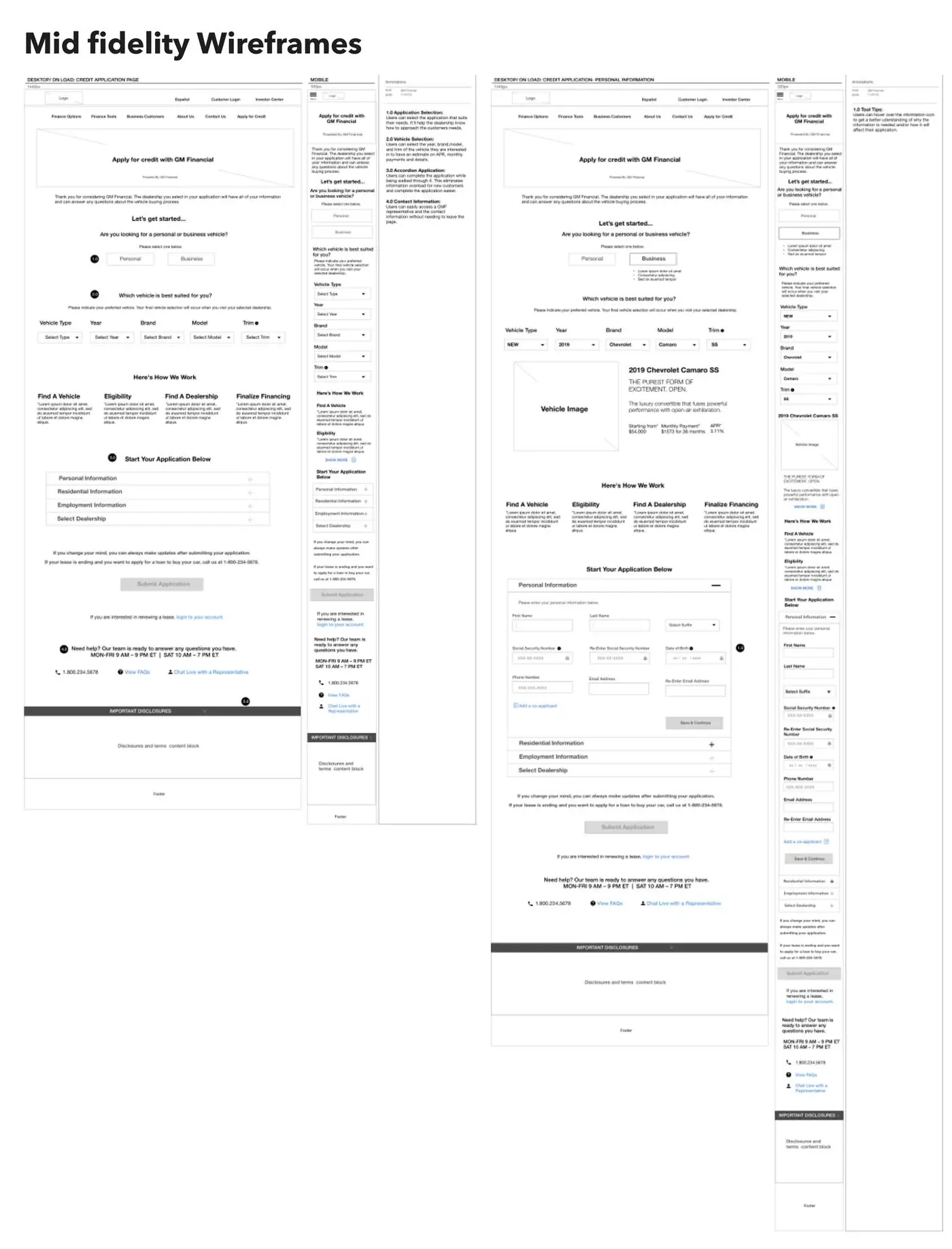 Mid-fidelity wireframes of the credit application and personal information screens, desktop and mobile