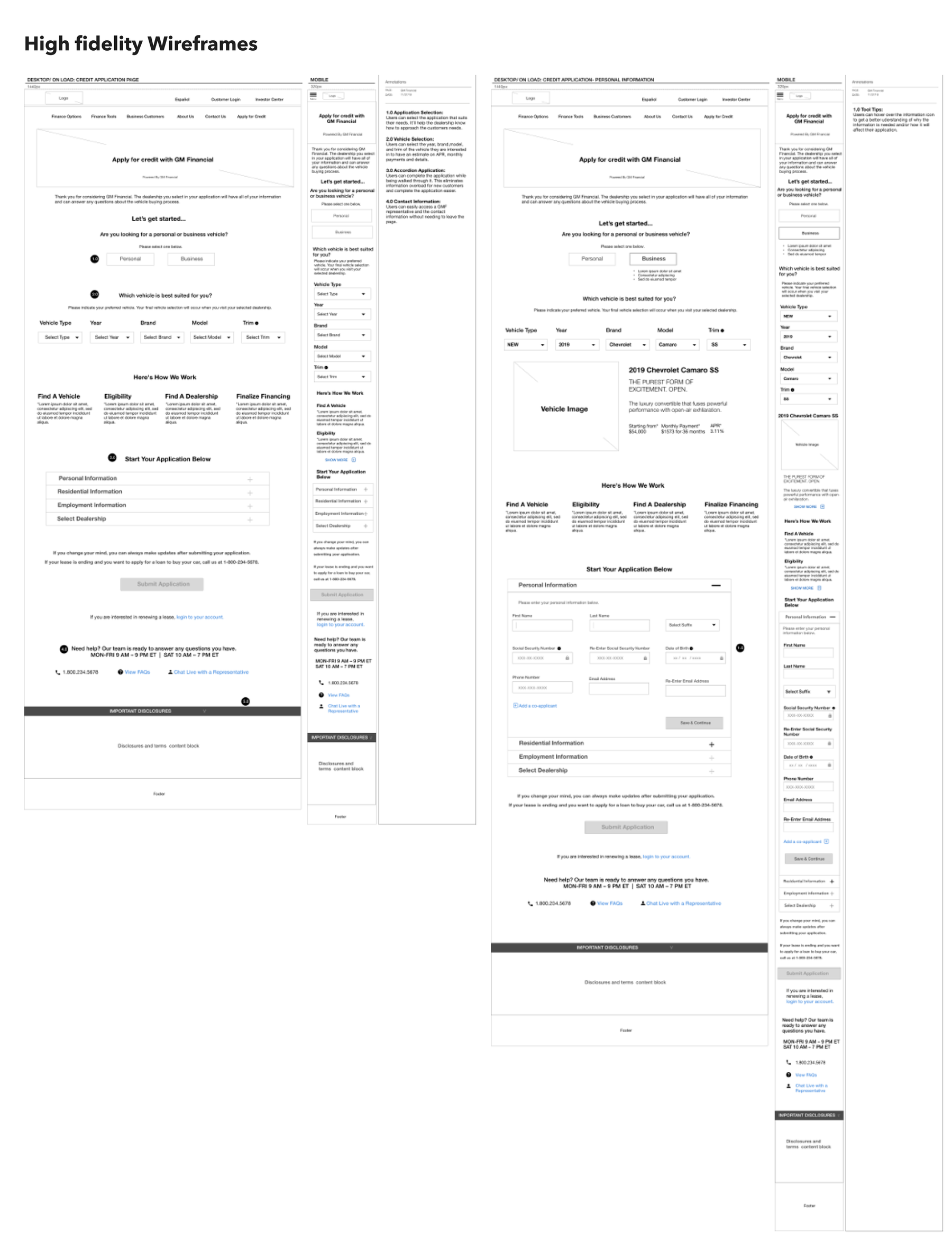 High-fidelity wireframes of the credit application and personal information screens, desktop and mobile