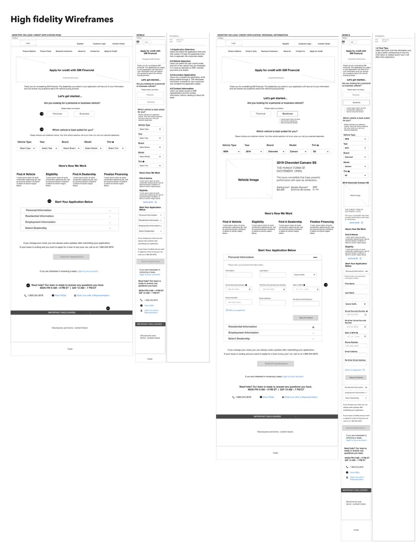 High-fidelity wireframes of the credit application and personal information screens, desktop and mobile