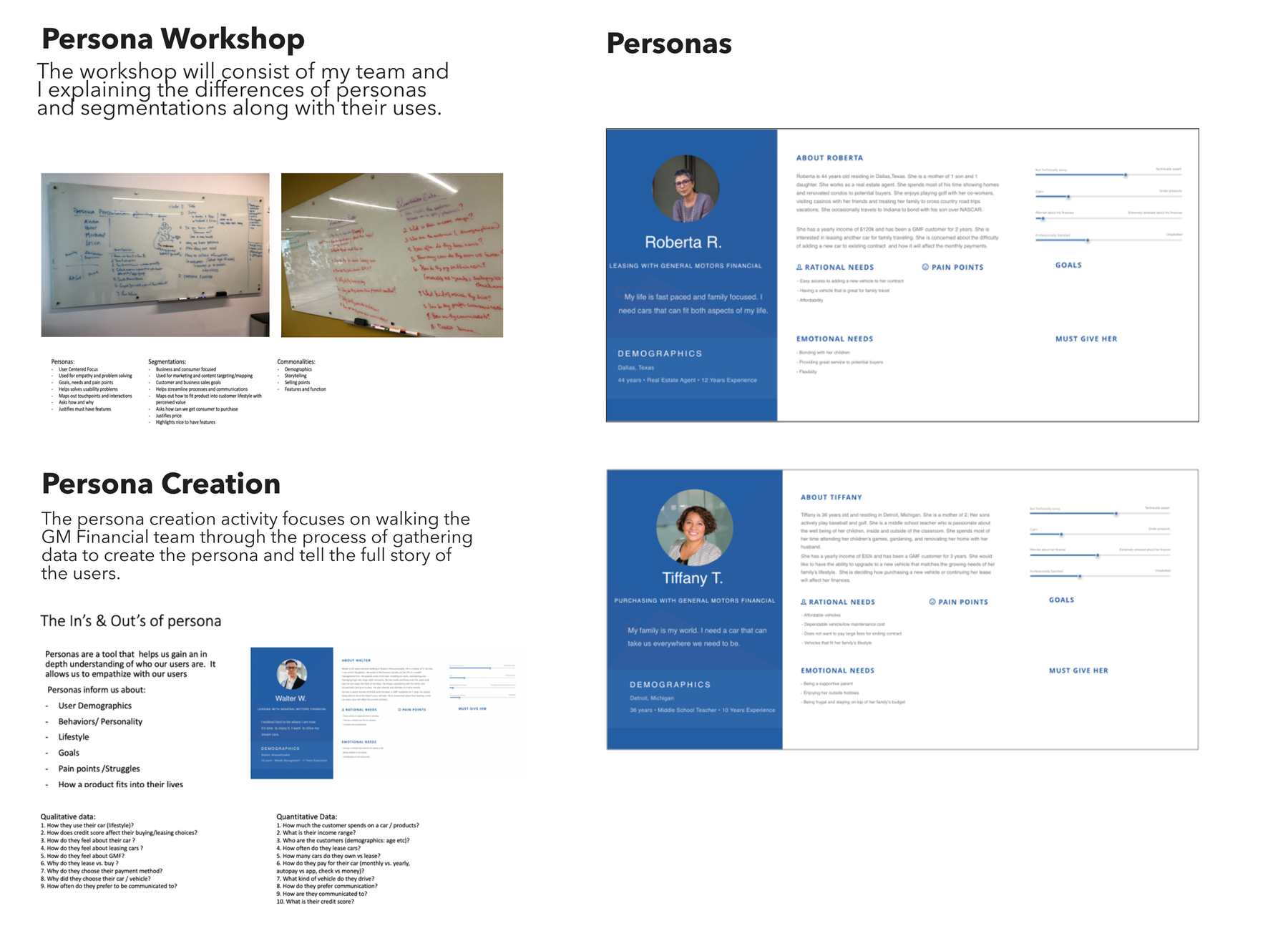 Persona workshop, persona creation process, and finished GM Financial personas (Roberta, Tiffany, Walter)