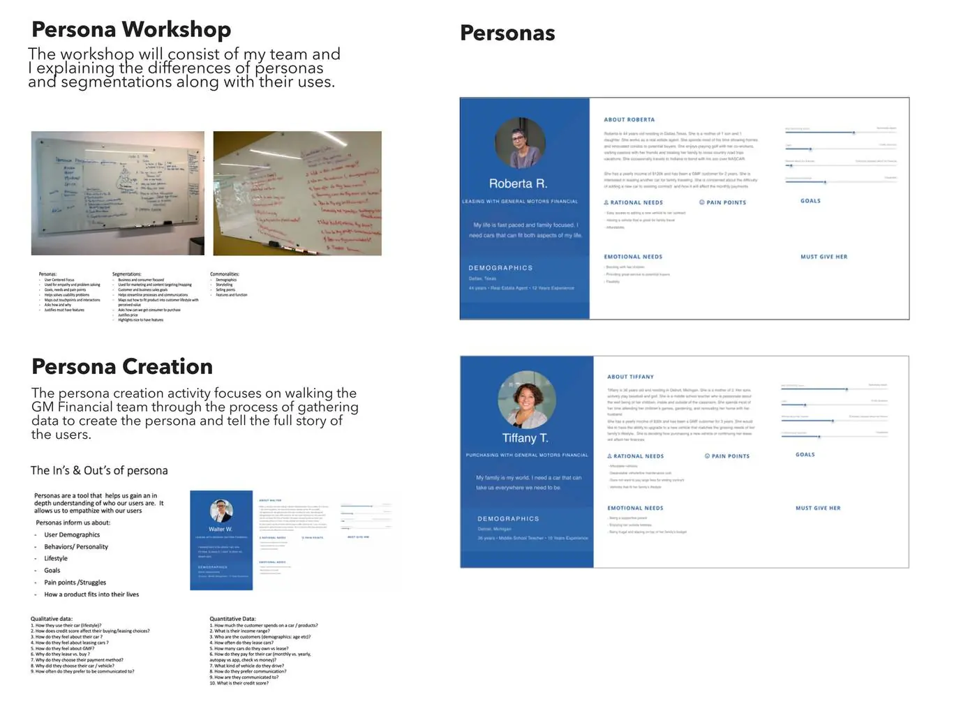 Persona workshop, persona creation process, and finished GM Financial personas (Roberta, Tiffany, Walter)
