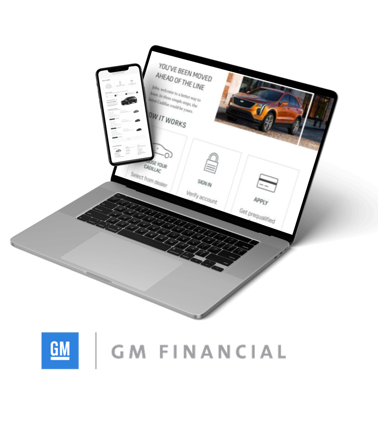 GM Financial renewal experience shown on a laptop and phone, with the GM Financial logo