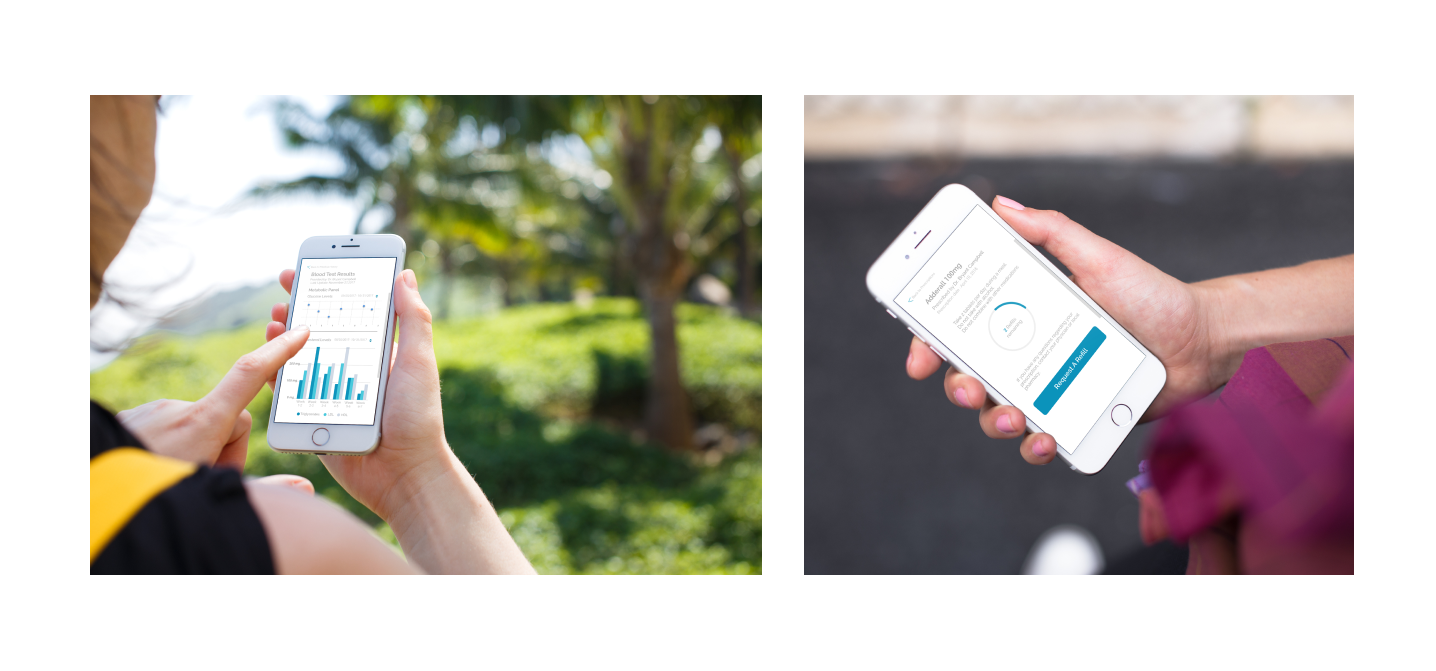 Patientory mobile app shown on two phones held outdoors — blood test results with charts, and a medication refill request screen