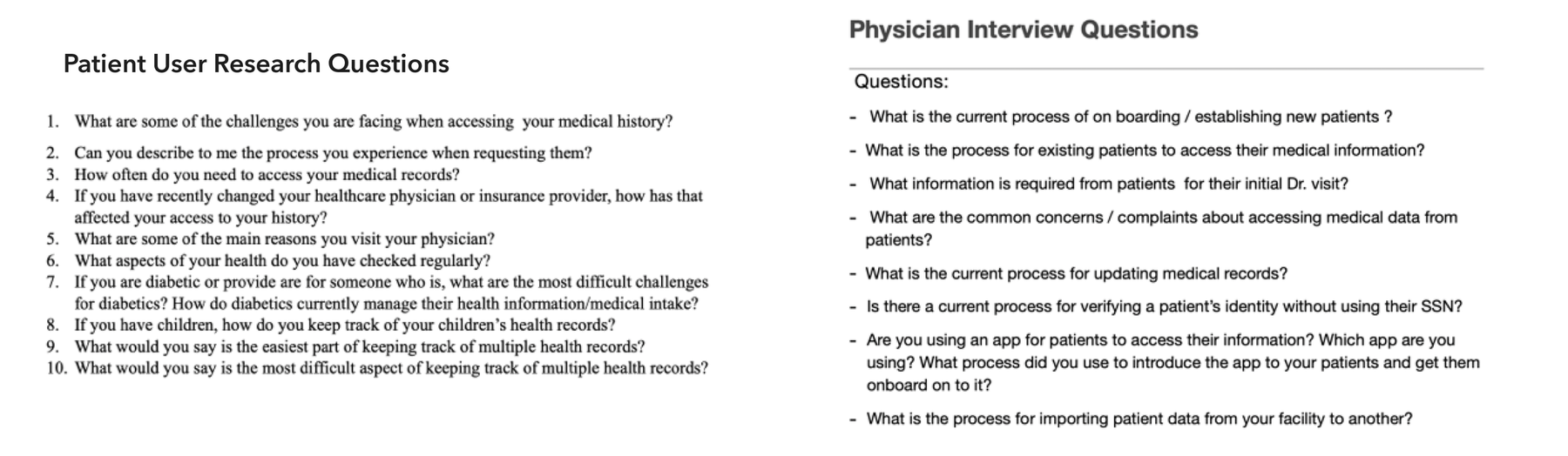 Patient user research questions and physician interview questions