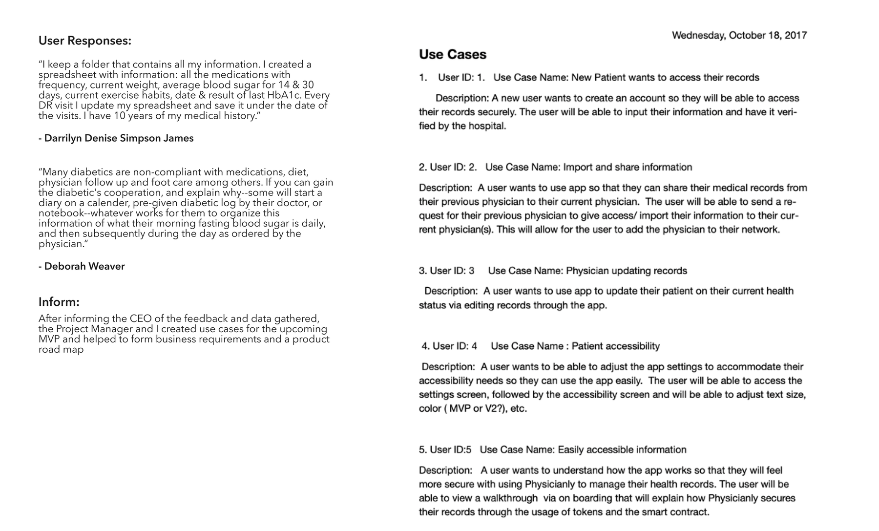 User response quotes and the use cases created for the upcoming MVP