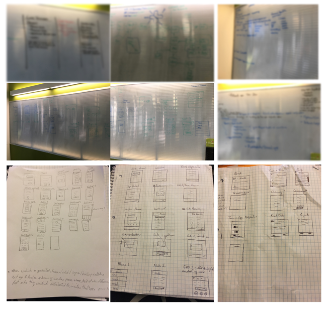Whiteboard and paper wireframing sprints exploring the mobile screen layout