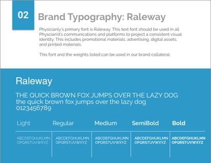 Brand typography — Raleway, the primary font, shown in Light, Regular, Medium, SemiBold, and Bold weights