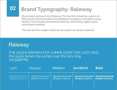 Brand typography — Raleway, the primary font, shown in Light, Regular, Medium, SemiBold, and Bold weights