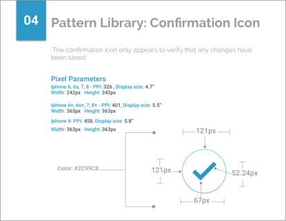 Pattern library — confirmation icon with pixel parameters and color spec